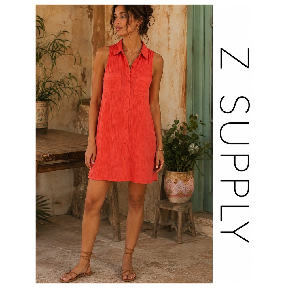 Z Supply Coral Gauze Sleeveless Button Down Beach Resort Mini Shirt Dress M NWT
